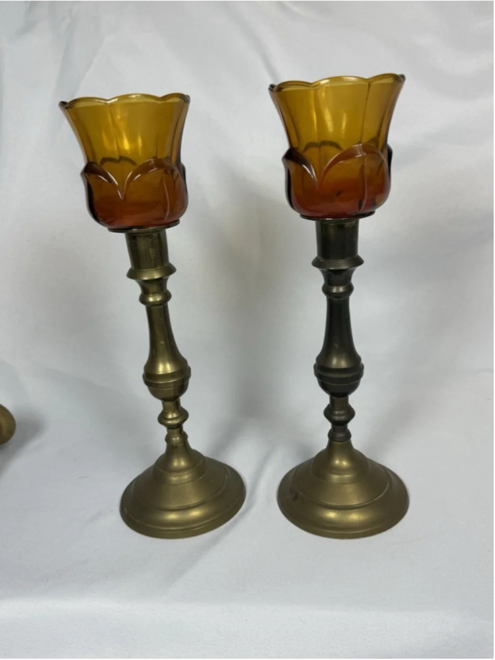 Pair Solid Brass Candlesticks Amber Glass Tulip Votive Holders Made In India